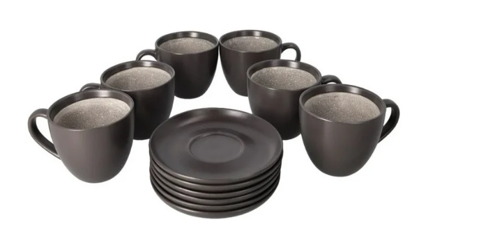 Coffee Cup & Saucer Set Pack of 12 Ceramic Black